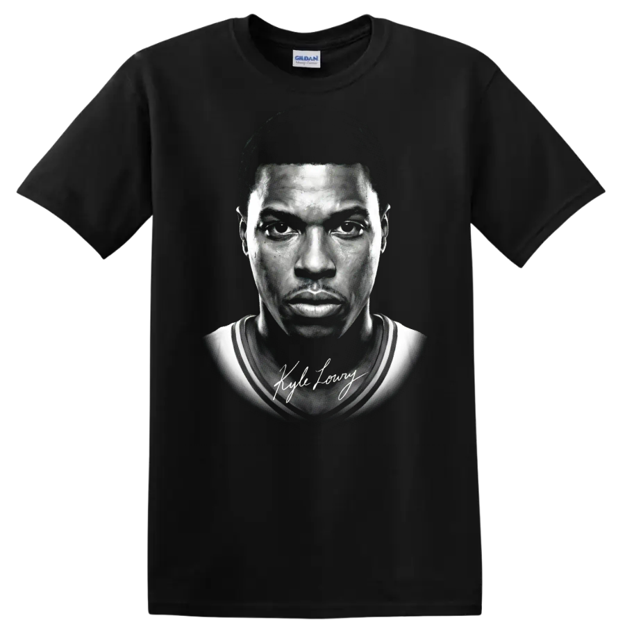 Kyle Lowry Toronto Raptors No. 7 black-and-white basketball portrait with signature on a Black T Shirt