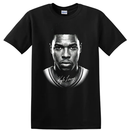 Kyle Lowry Toronto Raptors No. 7 black-and-white basketball portrait with signature on a Black T Shirt