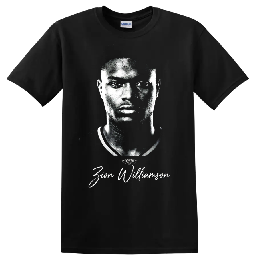 Zion Williamson monochrome basketball portrait with signature-style lettering on a Black T Shirt