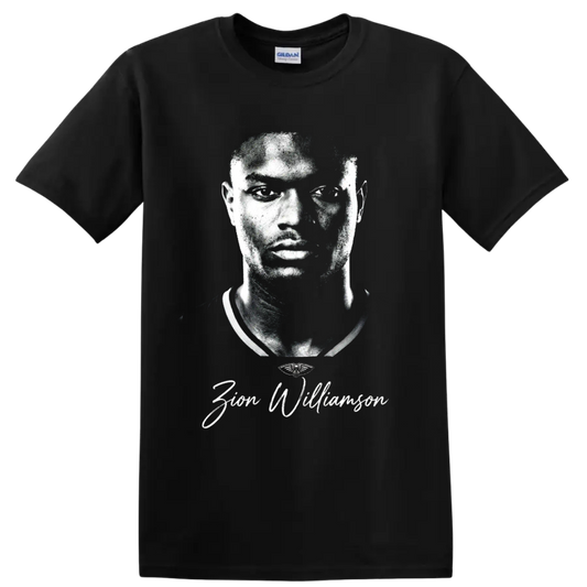 Zion Williamson monochrome basketball portrait with signature-style lettering on a Black T Shirt