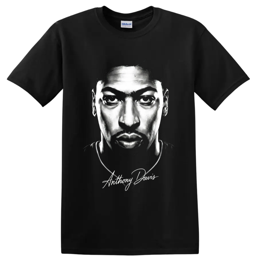 Anthony Davis monochrome basketball portrait with signature-style script on a Black T Shirt