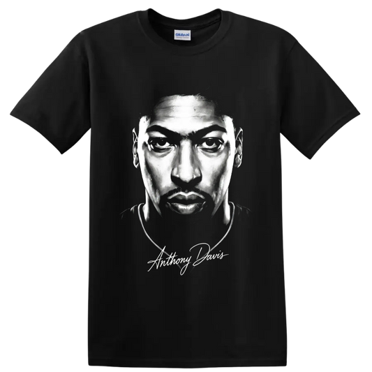 Anthony Davis monochrome basketball portrait with signature-style script on a Black T Shirt