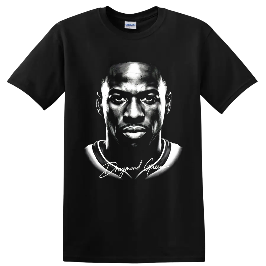 Monochrome Draymond Green basketball portrait with signature-style script on a Black T Shirt