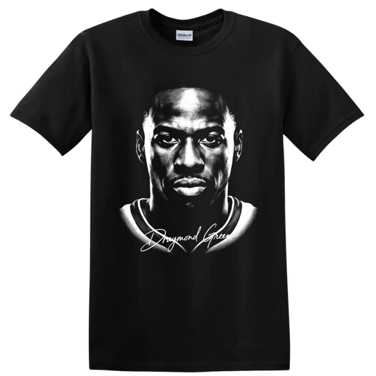 Monochrome Draymond Green basketball portrait with signature-style script on a Black T Shirt
