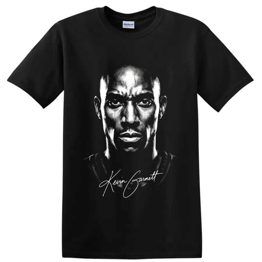 Kevin Garnett black-and-white portrait with signature basketball fan graphic on a Black T Shirt