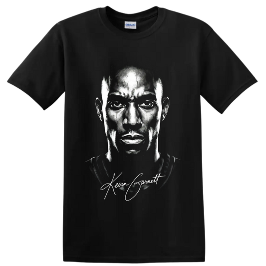 Kevin Garnett black-and-white portrait with signature basketball fan graphic on a Black T Shirt