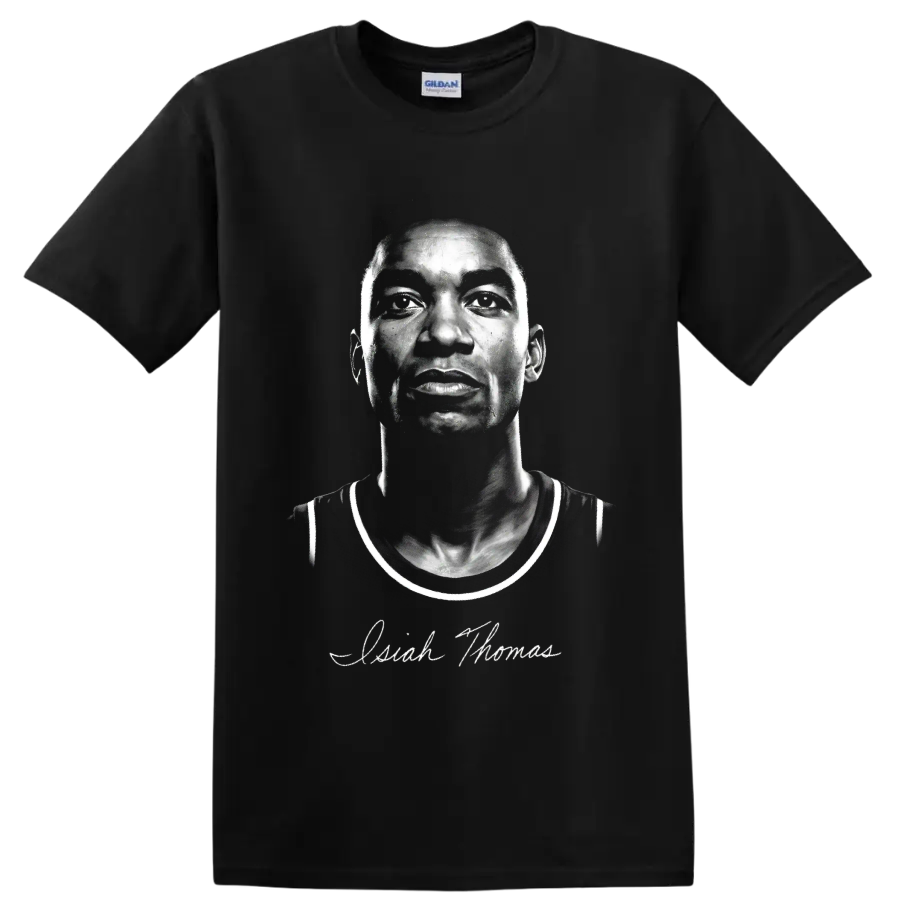 High-contrast Isiah Thomas Detroit Pistons basketball portrait with signature-style script on a Black T Shirt