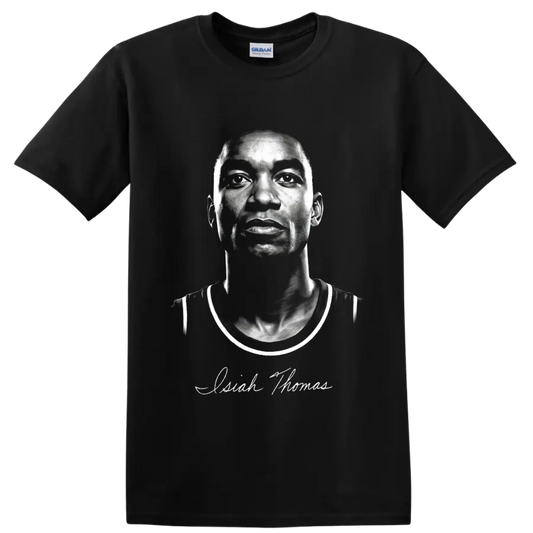 High-contrast Isiah Thomas Detroit Pistons basketball portrait with signature-style script on a Black T Shirt