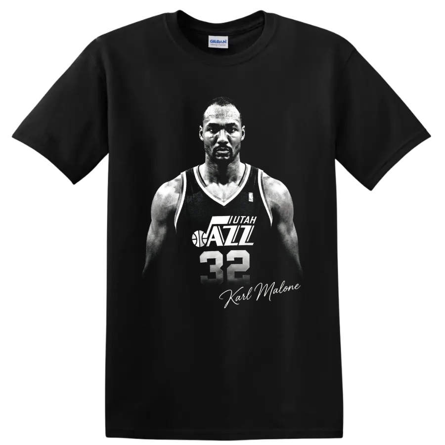 Karl Malone Utah Jazz No. 32 black-and-white basketball portrait with signature on a Black T Shirt