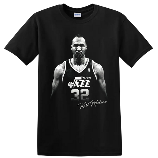 Karl Malone Utah Jazz No. 32 black-and-white basketball portrait with signature on a Black T Shirt