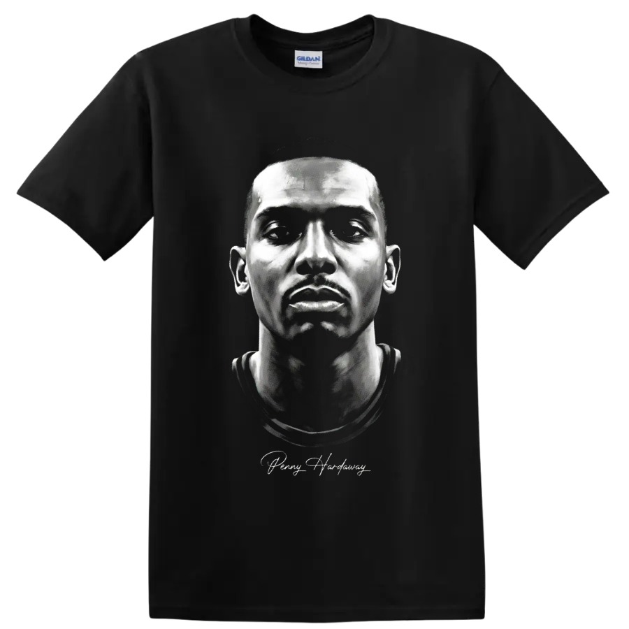 Monochrome Penny Hardaway portrait with cursive signature on a Black T Shirt