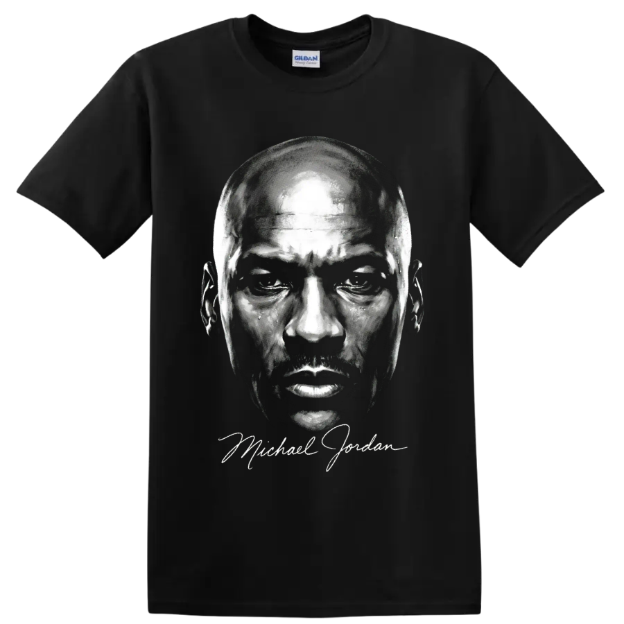 Michael Jordan black-and-white portrait graphic with signature-style script on a Black T Shirt