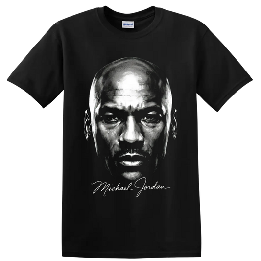 Michael Jordan black-and-white portrait graphic with signature-style script on a Black T Shirt