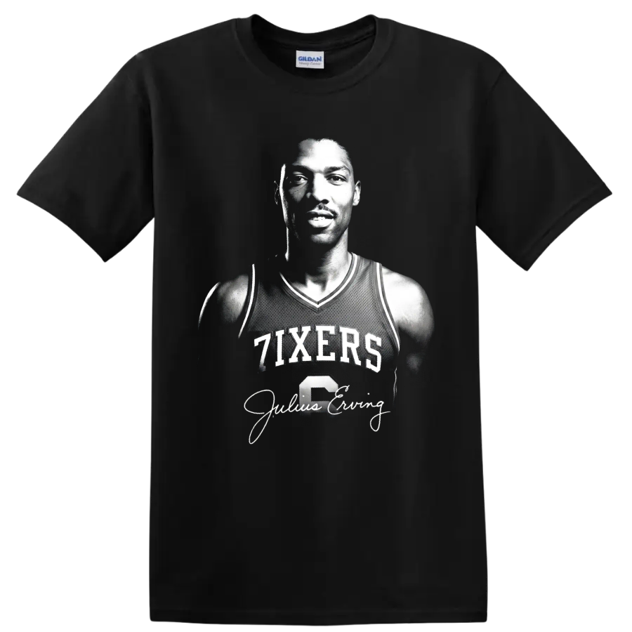 Black-and-white Julius Erving 76ers No. 6 portrait with signature-style script on a Black T Shirt