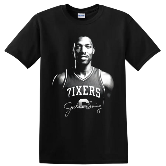 Black-and-white Julius Erving 76ers No. 6 portrait with signature-style script on a Black T Shirt
