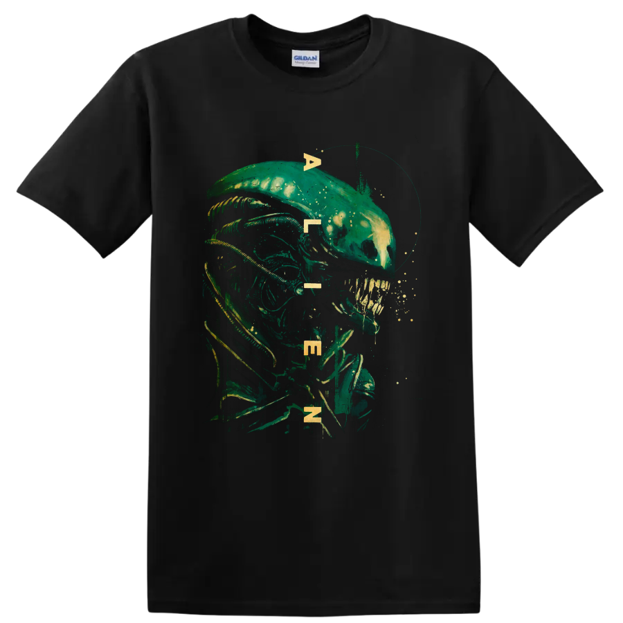Alien biomechanical creature portrait with distressed sci-fi horror artwork on a Black T Shirt