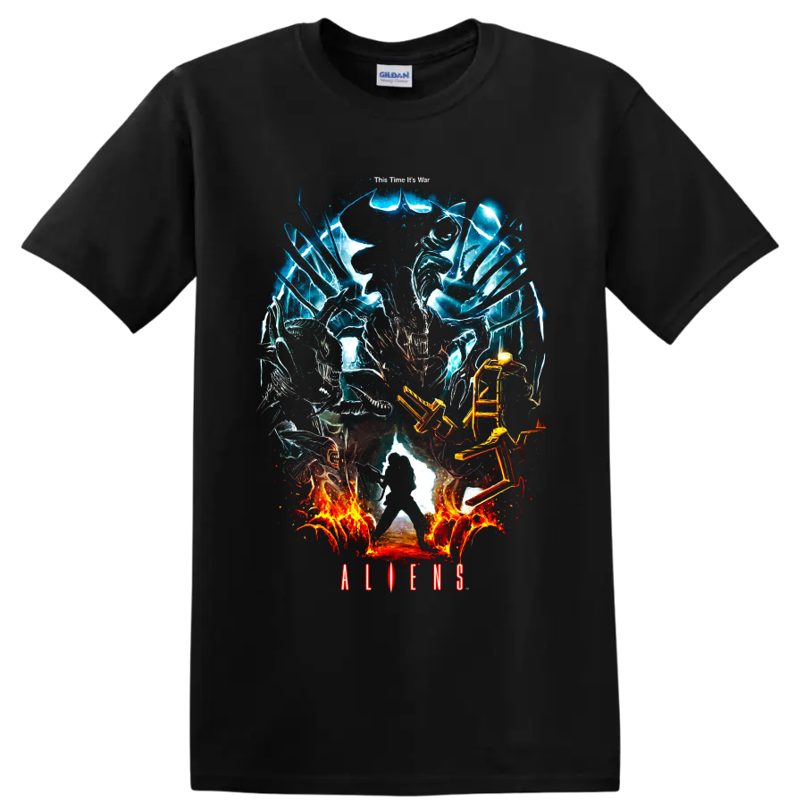 Aliens Xenomorph graphic print with blue energy and fiery battle effects on a Black T Shirt