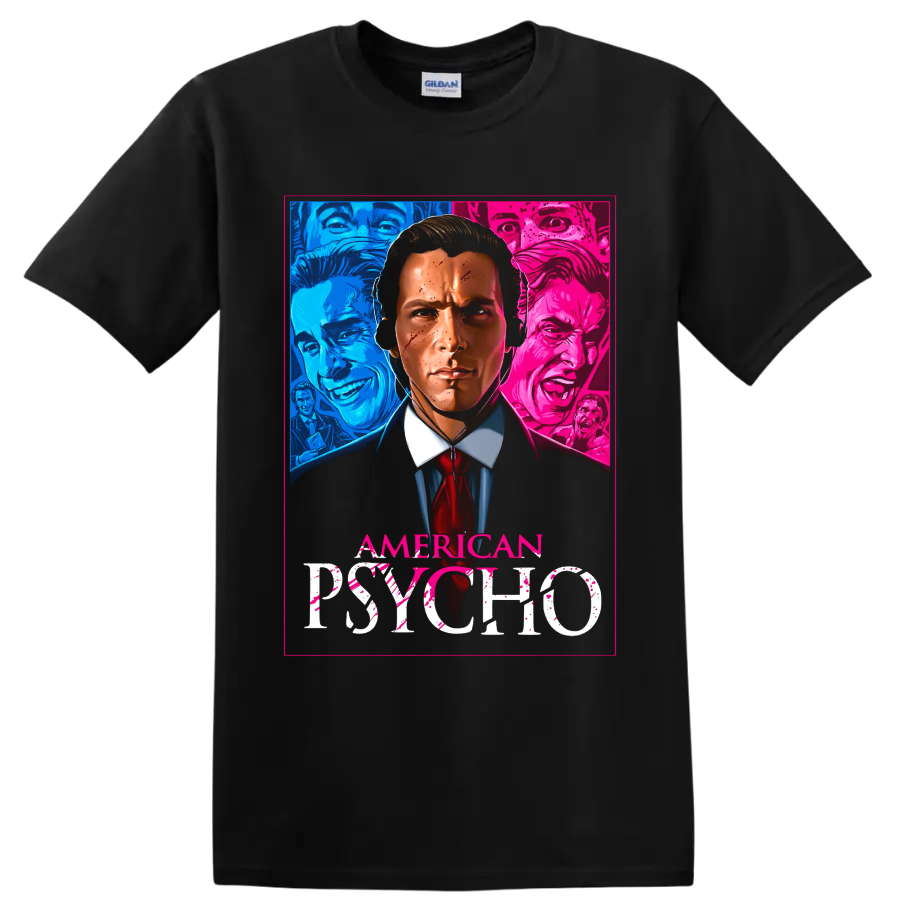 American Psycho neon horror portrait graphic with visible title text on a Black T Shirt