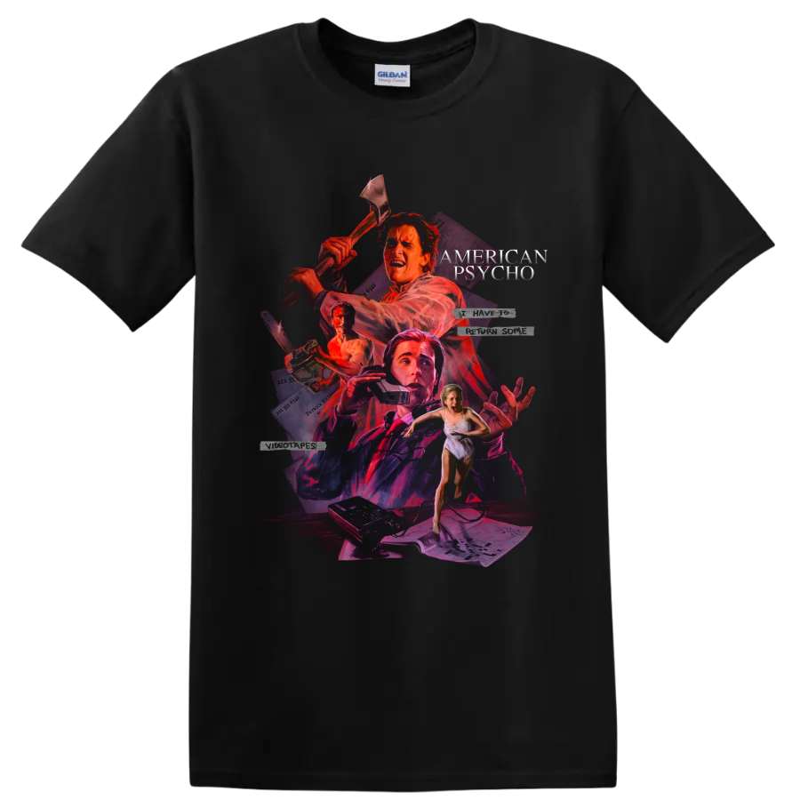 American Psycho axe collage graphic print with movie title text on a Black T Shirt