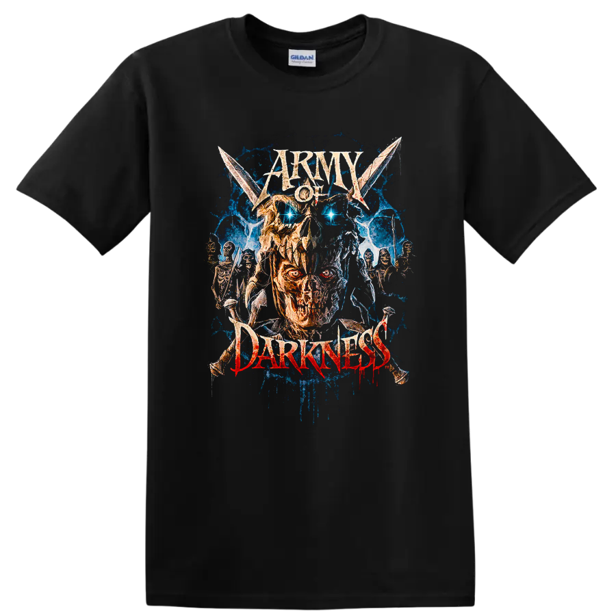 Army of Darkness graphic print with fiery skull and skeleton warriors on a Black T Shirt