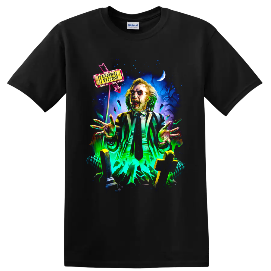 Beetlejuice striped-suit ghost in neon gothic movie artwork on a Black T Shirt