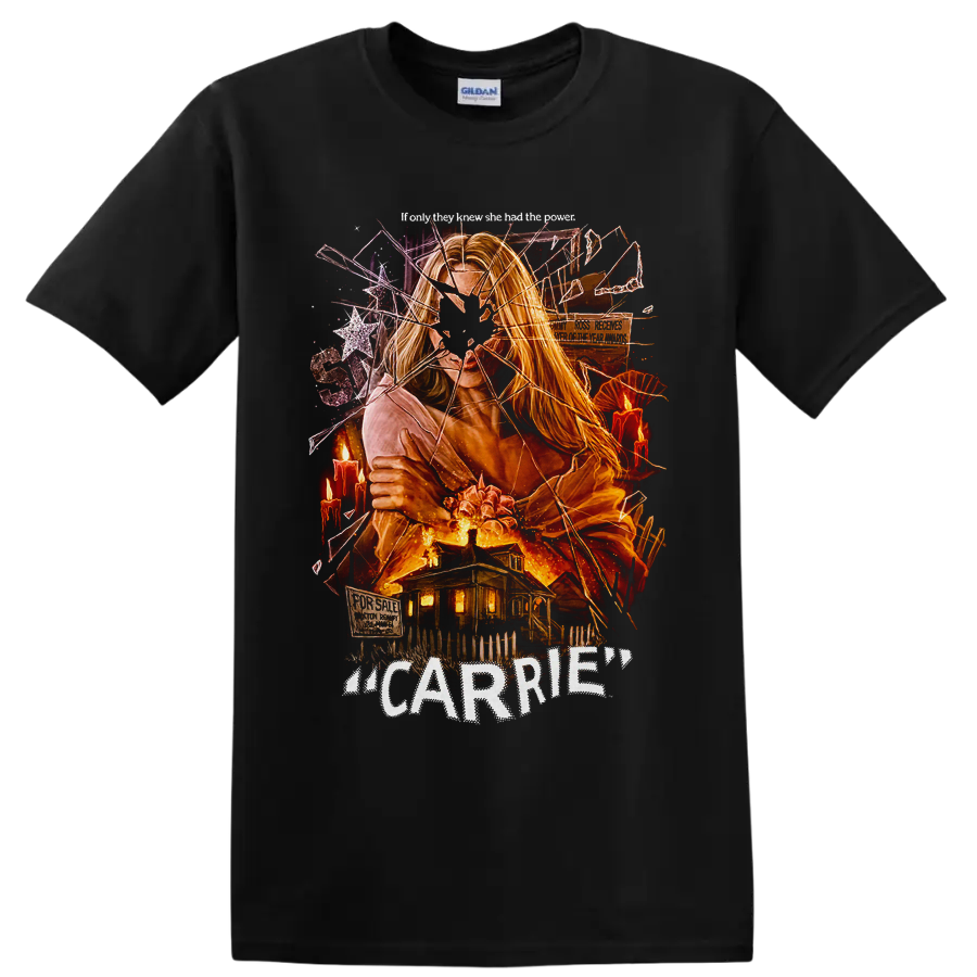 Carrie horror graphic with fiery psychic portrait and haunted house on a Black T Shirt