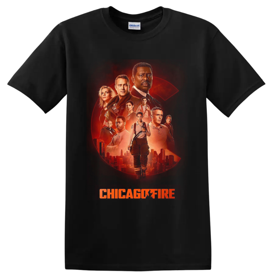 Chicago Fire cast portrait graphic with distressed halftone firefighter design on a Black T Shirt