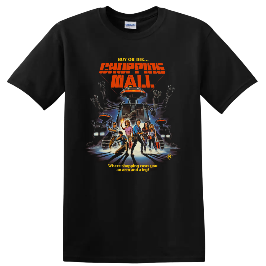 Chopping Mall retro killer robot movie poster print with Buy or Die text on a Black T Shirt