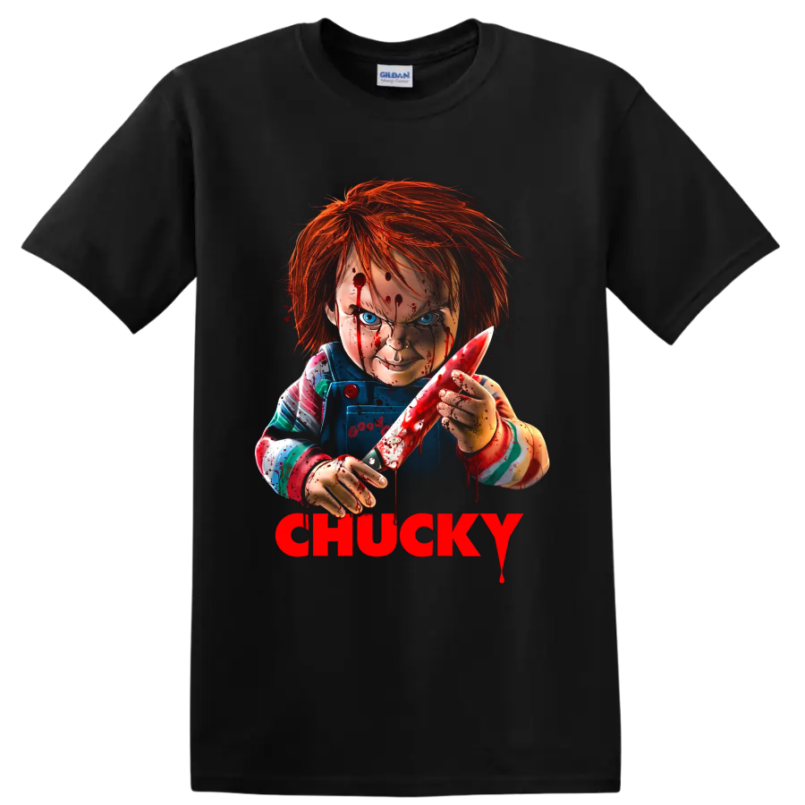 Chucky killer doll bloody knife graphic with red CHUCKY lettering on a Black T Shirt