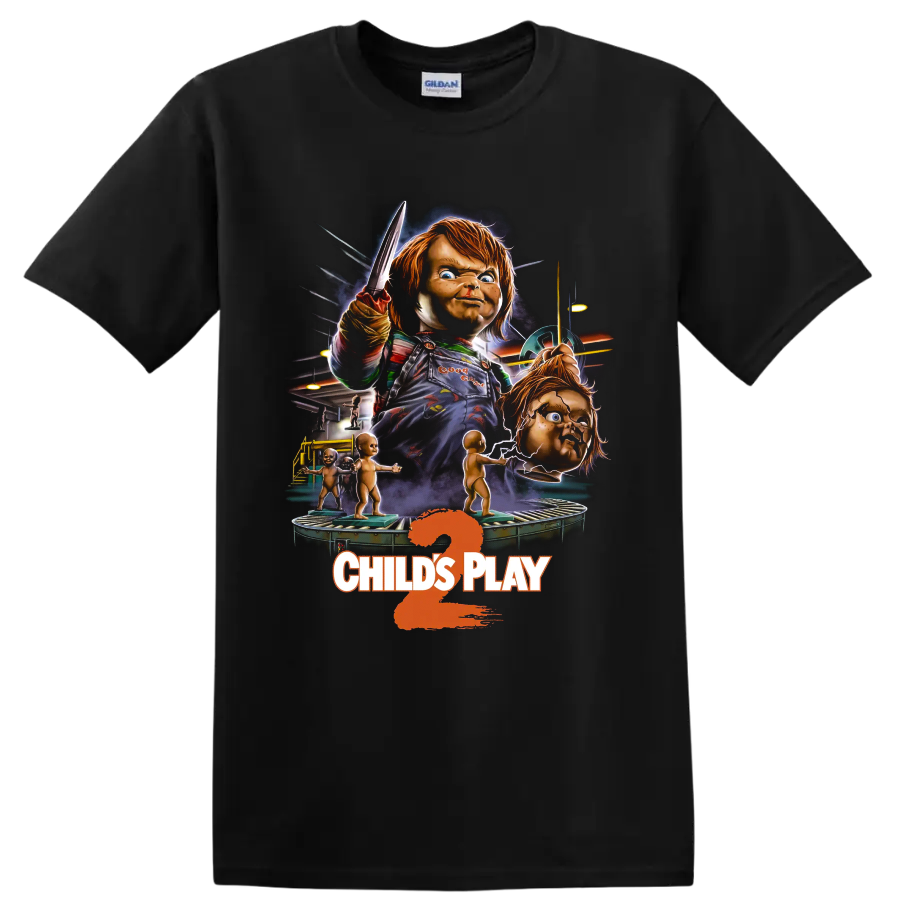 Chucky Child's Play 2 killer doll horror graphic with knife on a Black T Shirt