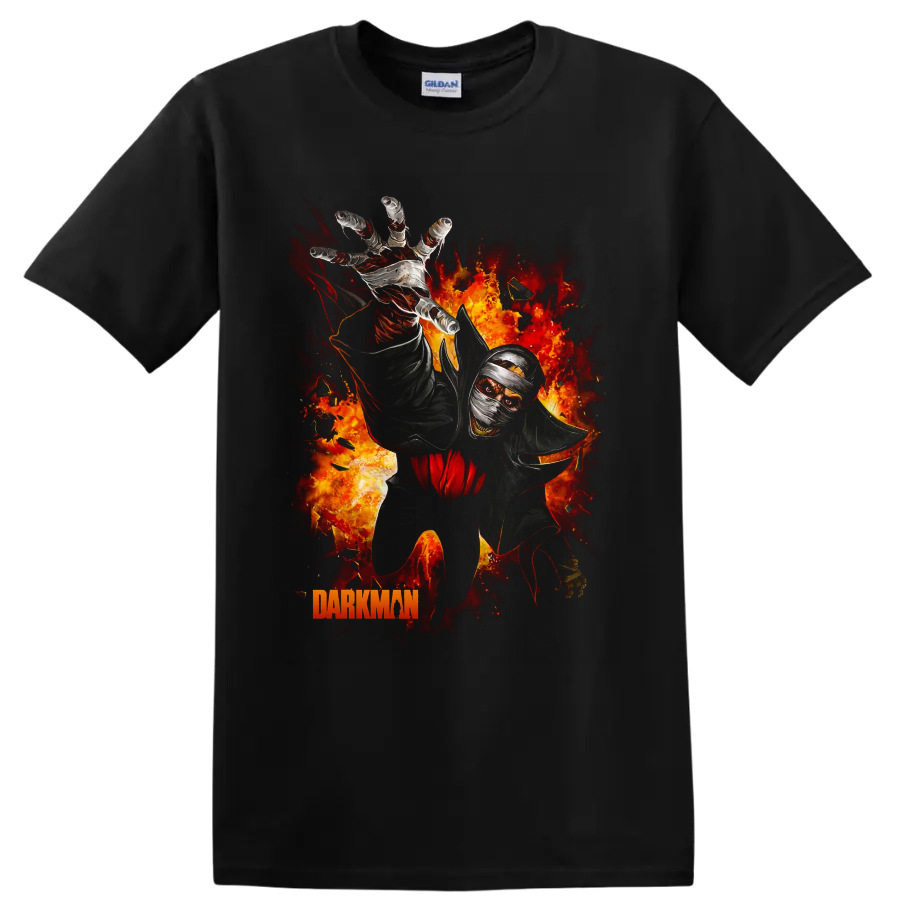 Darkman bandaged vigilante reaching through flames graphic print on a Black T Shirt