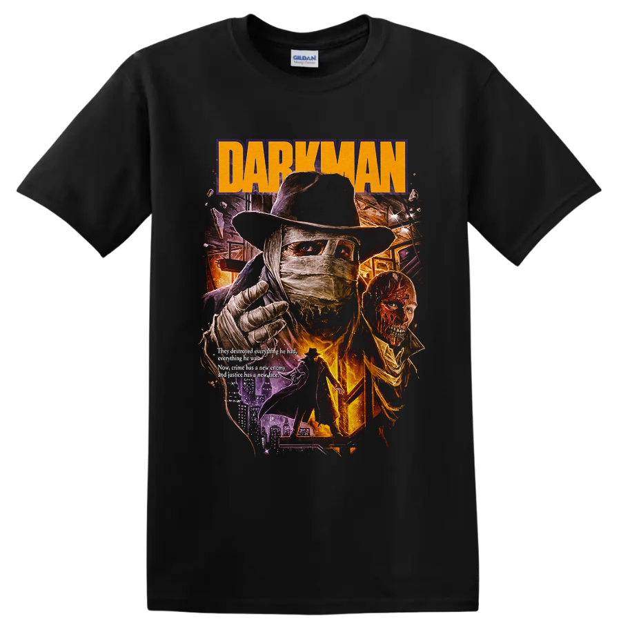 Darkman bandaged vigilante retro horror poster with DARKMAN text on a Black T Shirt