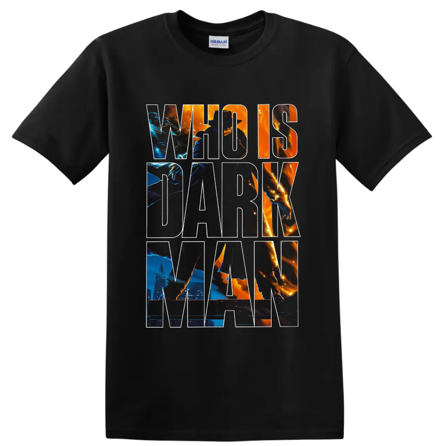 Darkman vigilante graphic with fiery city scenes and oversized lettering on a Black T Shirt