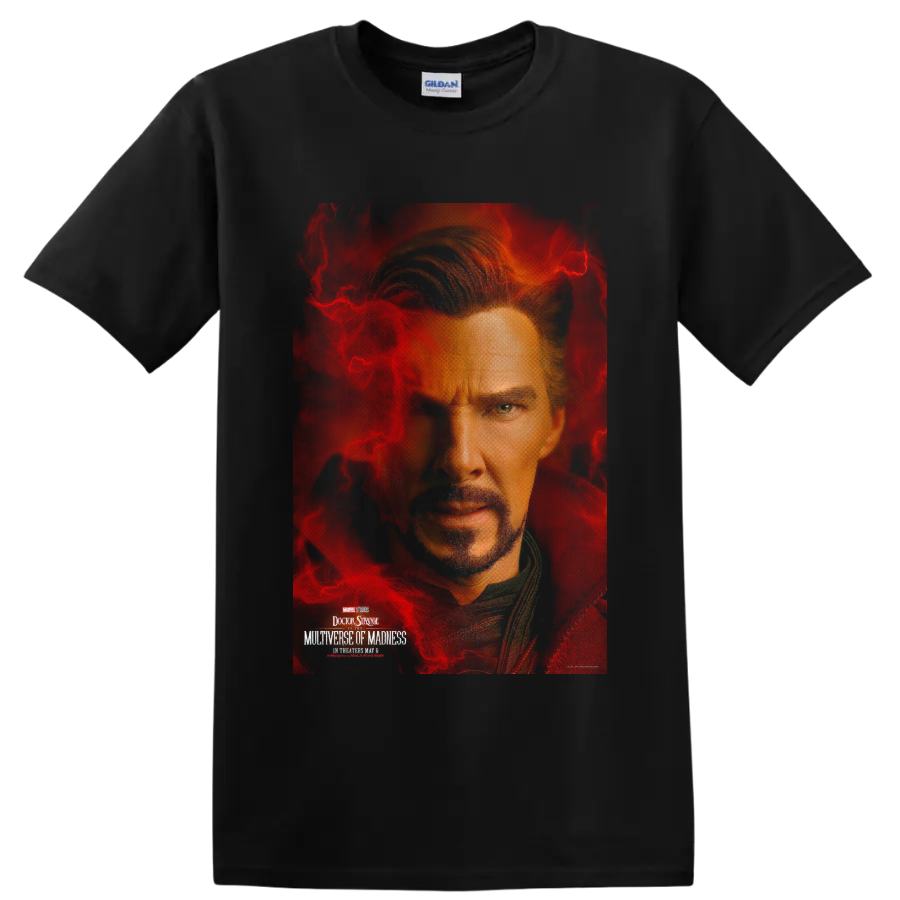 Doctor Strange sorcerer portrait graphic print with magical energy on a Black T Shirt