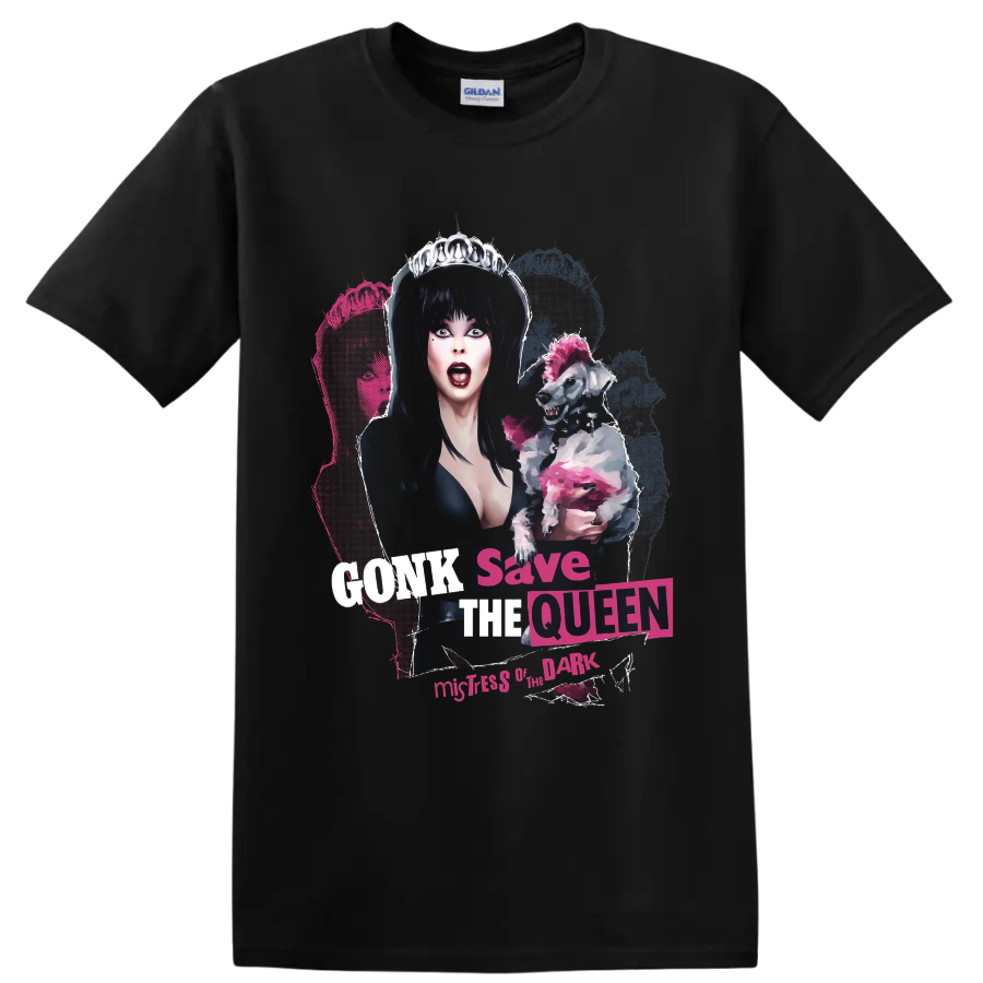 Elvira gothic queen with pink punk dog and GONK Save the Queen text on a Black T Shirt