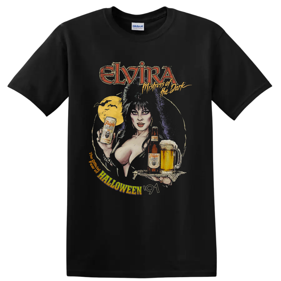 Elvira Mistress of the Dark vintage Halloween graphic with moon and beer on a Black T Shirt