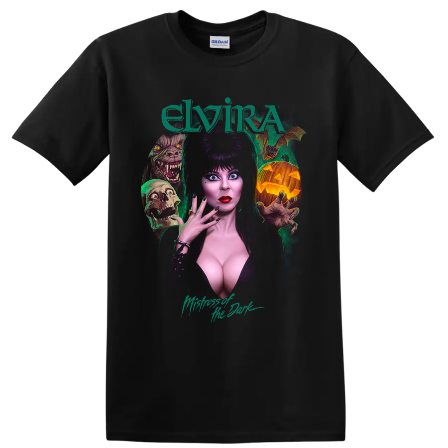 Elvira Mistress of the Dark gothic horror portrait with monsters on a Black T Shirt