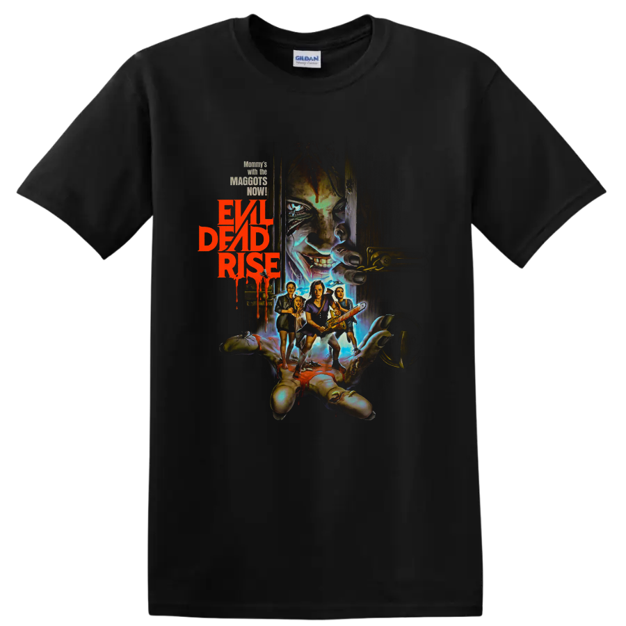 Evil Dead Rise horror graphic with possessed face, survivors, and chainsaw on a Black T Shirt
