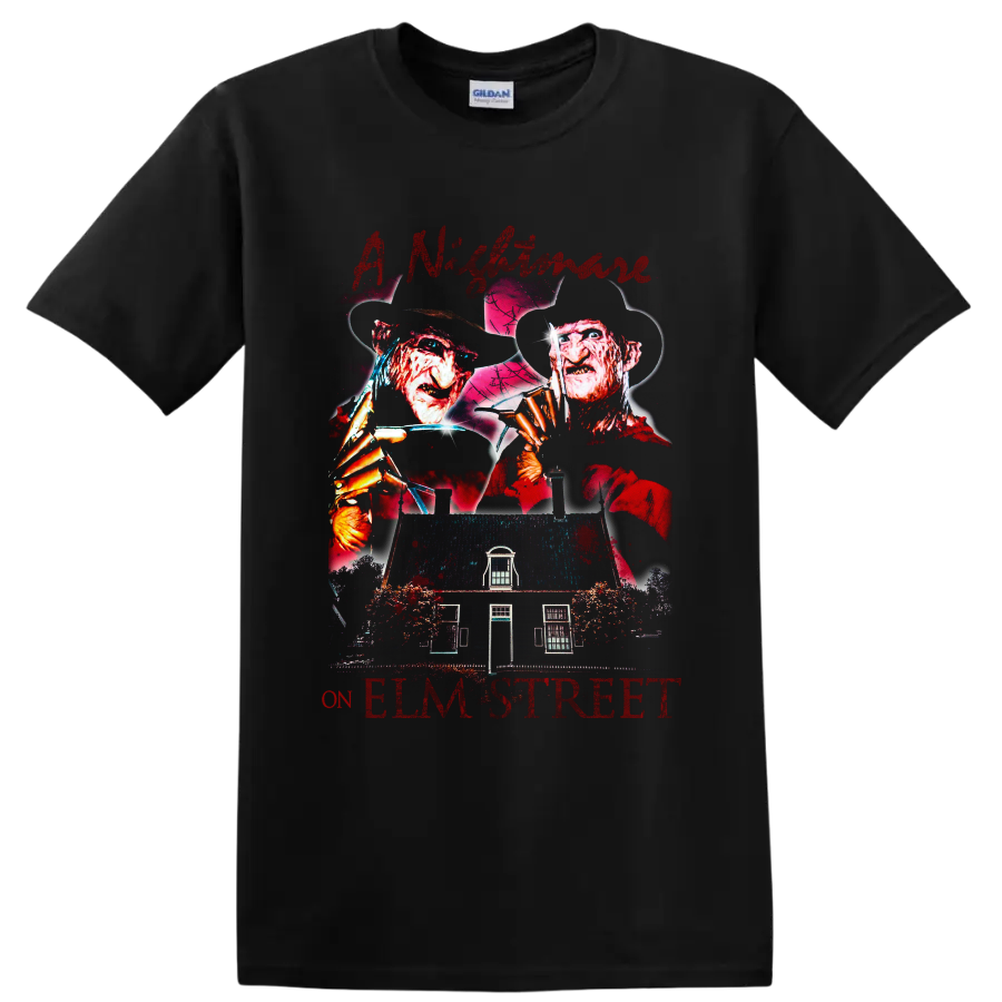 Freddy Krueger A Nightmare on Elm Street distressed horror graphic with house on a Black T Shirt