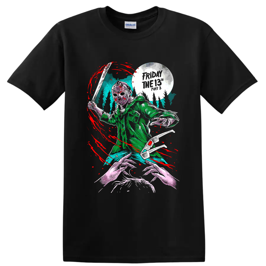Friday the 13th masked slasher with machete beneath a full moon on a Black T Shirt