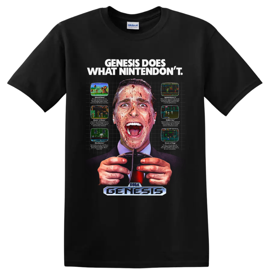 Patrick Bateman American Psycho Genesis retro gaming parody graphic on a Black T Shirt