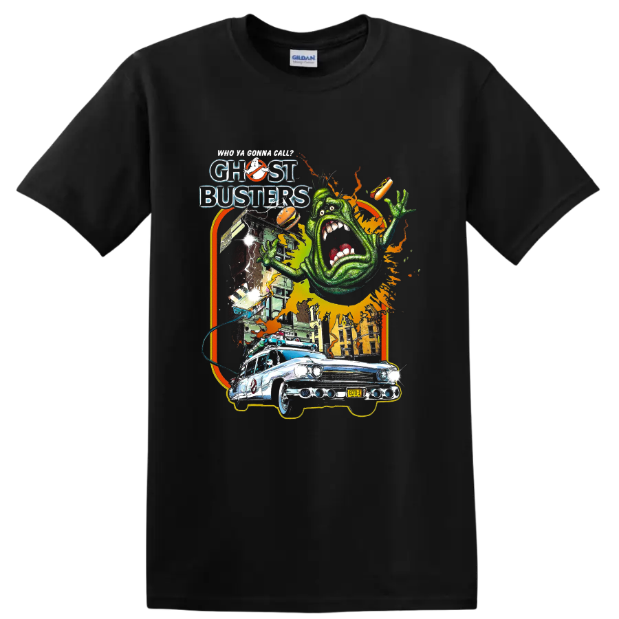 Ghostbusters Slimer and Ecto-1 retro graphic with movie lettering on a Black T Shirt