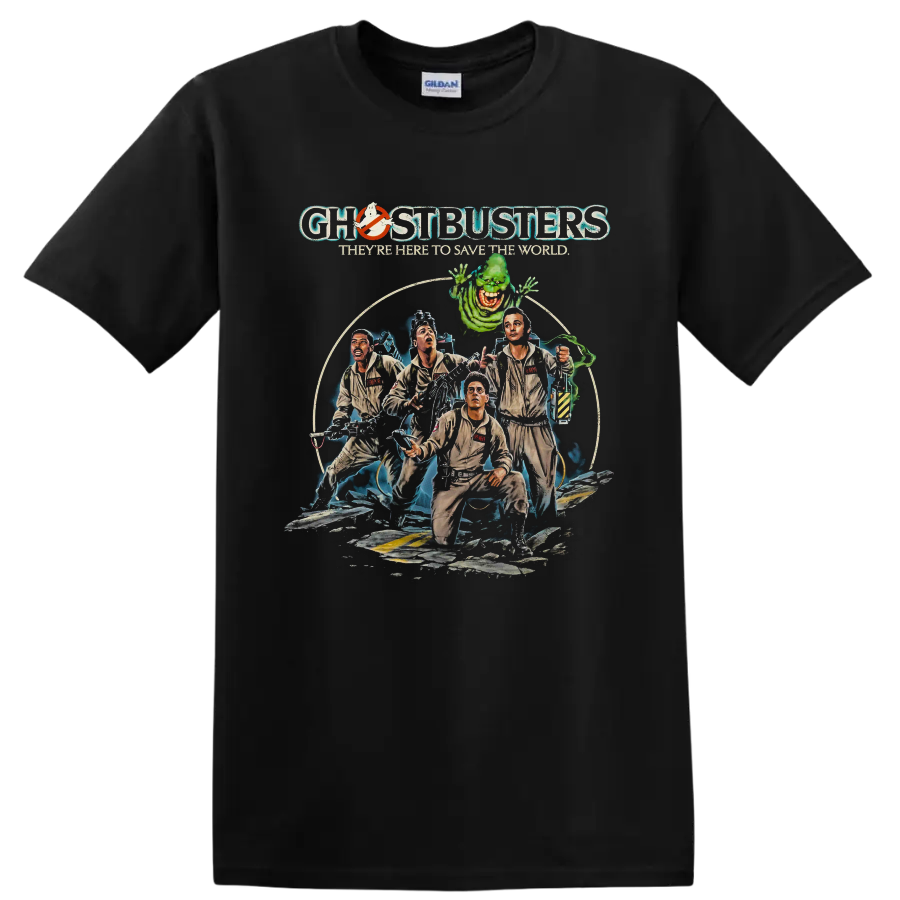 Ghostbusters II team and Slimer retro movie graphic with Ghostbusters text on a Black T Shirt