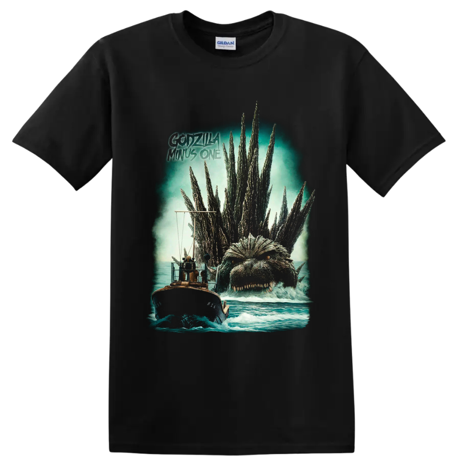 Godzilla rising behind a boat, vintage ocean horror graphic with title text on a Black T Shirt
