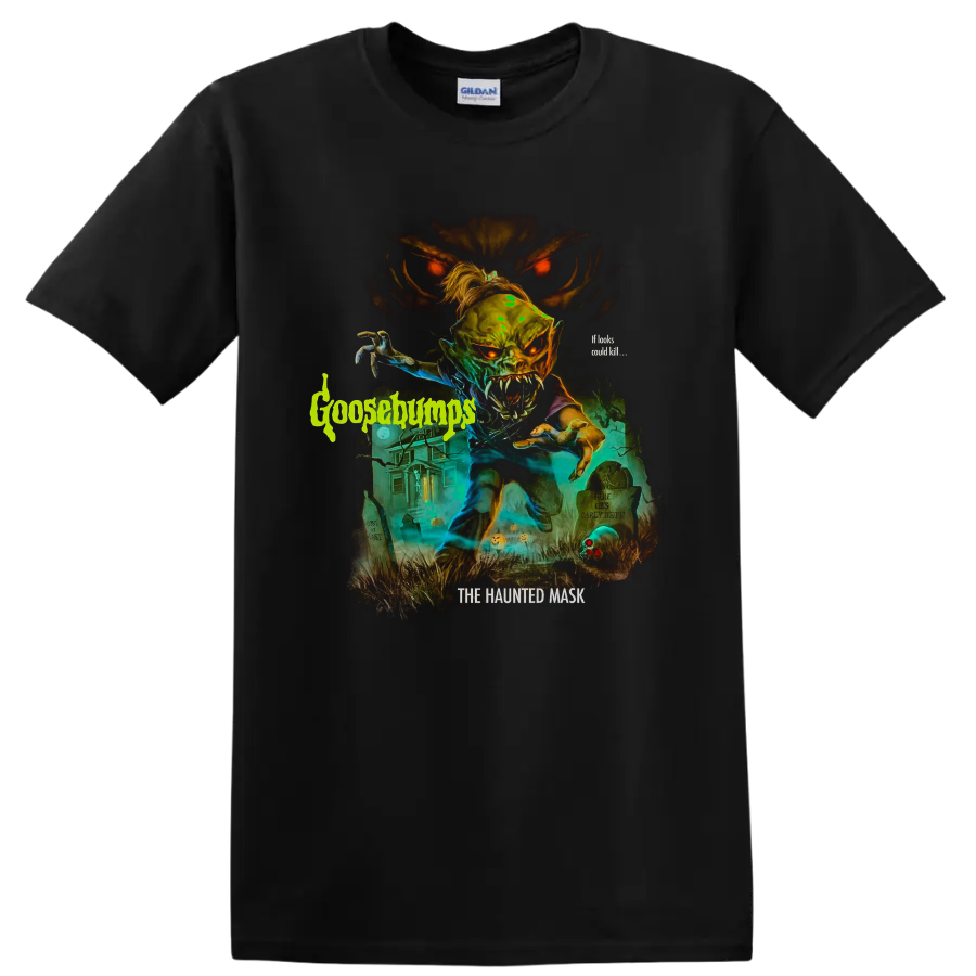 Goosebumps haunted mask monster graveyard graphic with glowing red eyes on a Black T Shirt