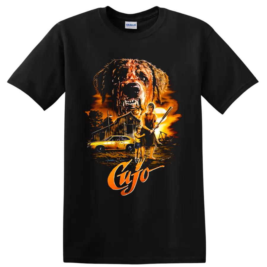 Cujo horror movie graphic with rabid dog, barn, car, woman, and child on a Black T Shirt