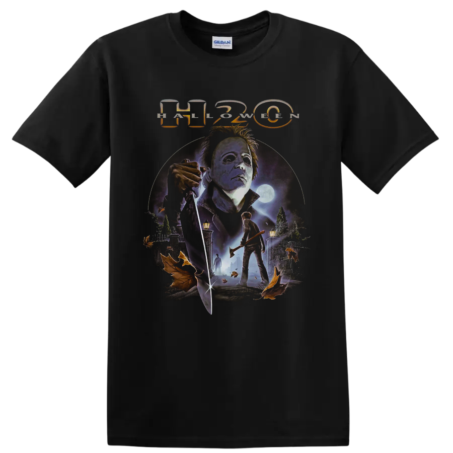 Michael Myers Halloween H20 moonlit cemetery horror graphic on a Black T Shirt