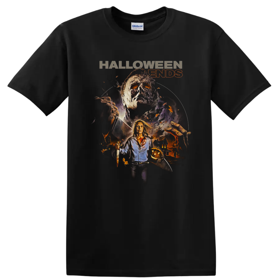 Halloween Ends Michael Myers and Laurie Strode horror graphic with bats and pumpkin on a Black T Shirt