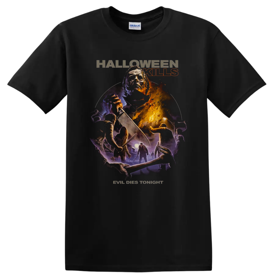 Halloween Kills Michael Myers masked slasher horror graphic print on a Black T Shirt