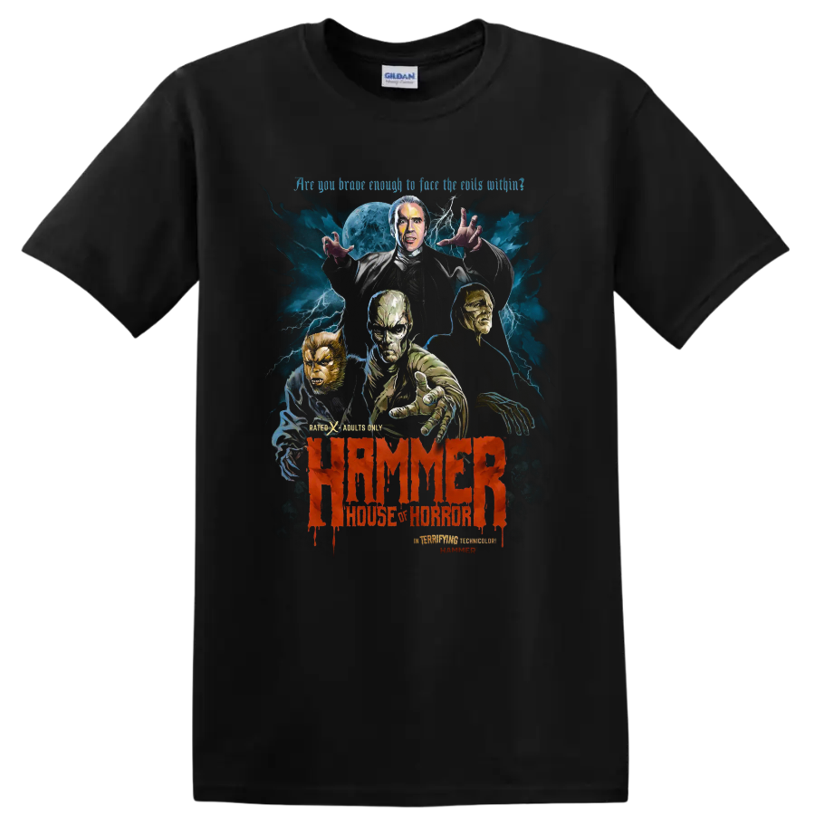 Hammer House of Horror monster poster art with moon, lightning, and red lettering on a Black T Shirt